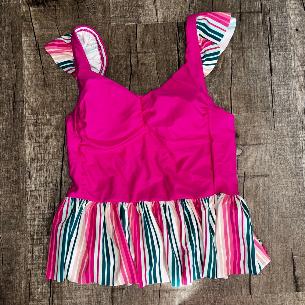 Matilda Jane Women's Pink Striped Peplum Tankini Swim Top Ruffle Straps XS